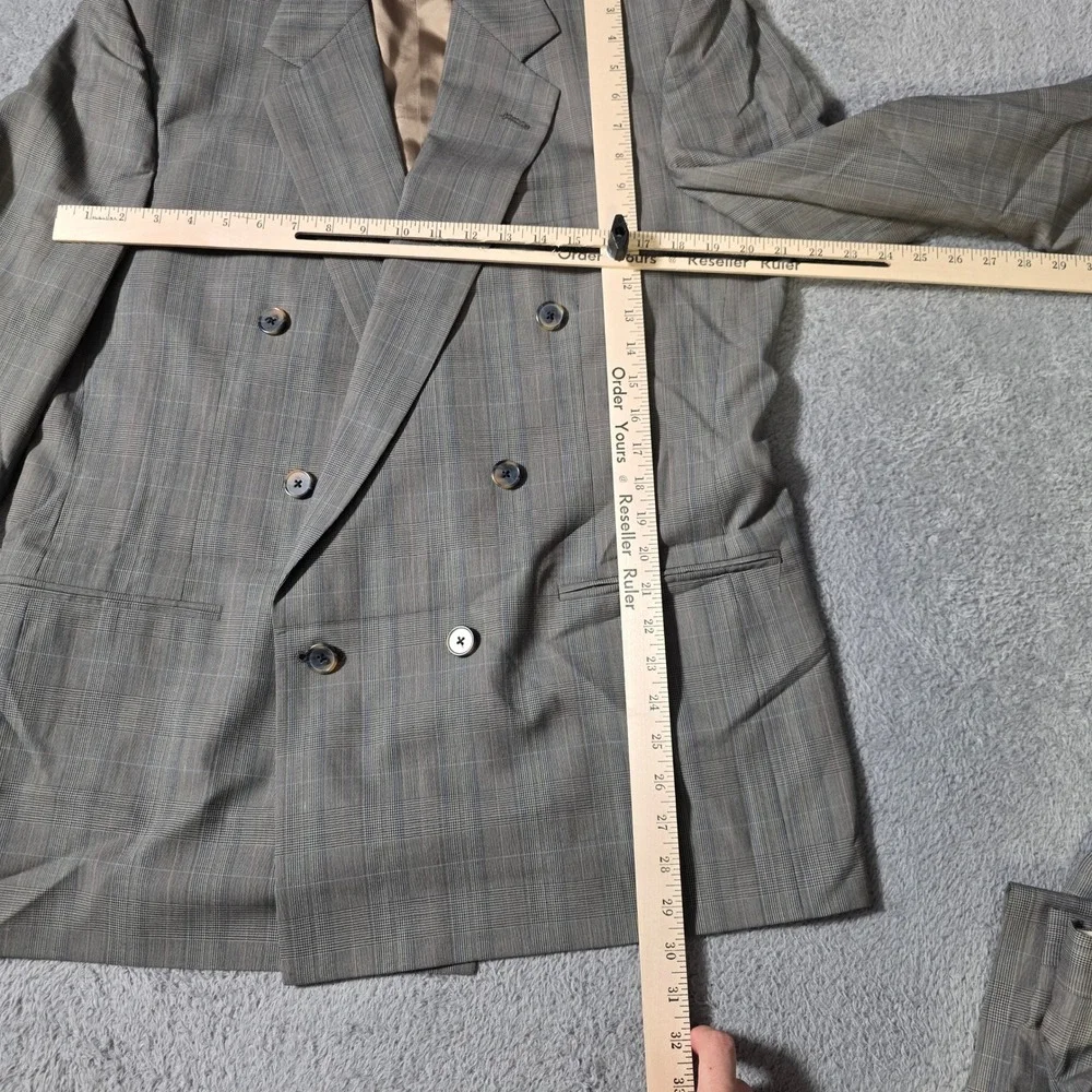 Perry Ellis Mens 43R 36x37 Suit Grey Glen Plaid Double Breasted Wool Vintage